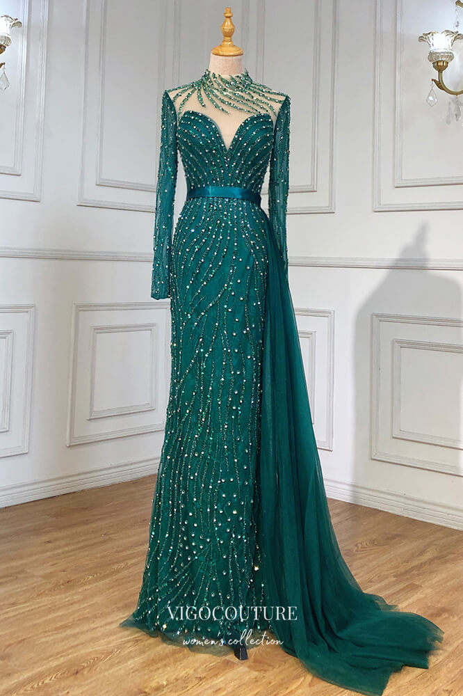 Beaded Mermaid Formal Dresses Long Sleeve High Neck Prom Dress 21619 Green / US6 Beaded Mermaid Formal Dresses Long Sleeve High Neck Prom Dress 21619 Green / US6