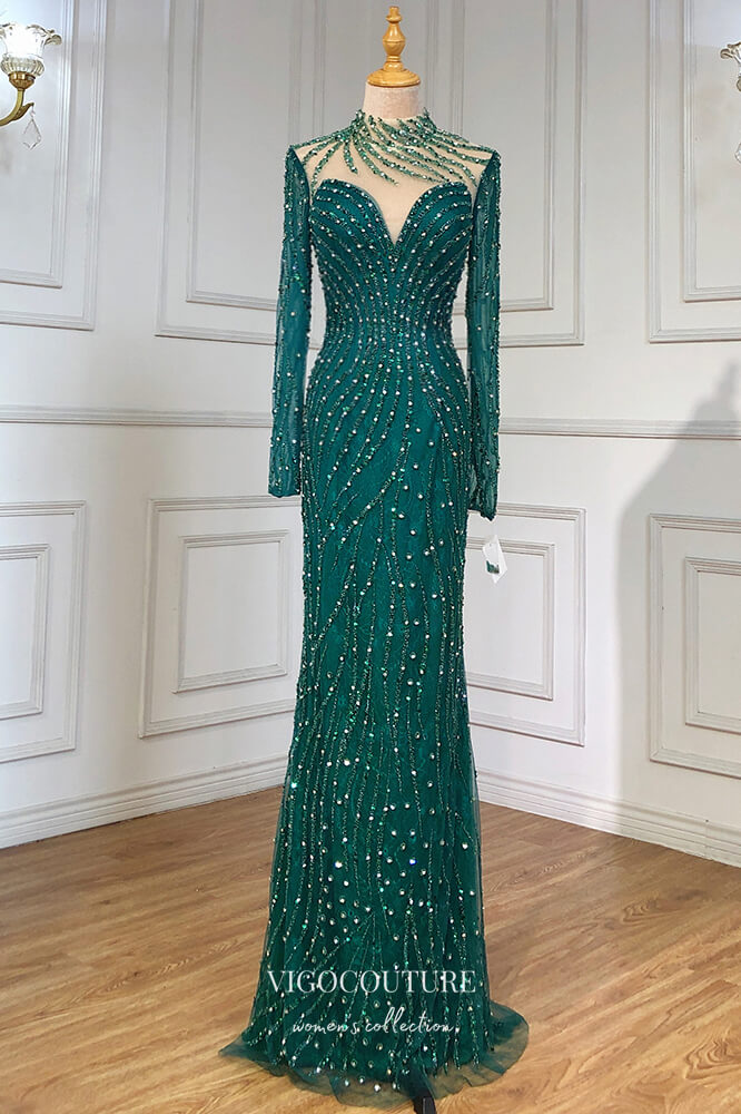 Beaded Mermaid Formal Dresses Long Sleeve High Neck Prom Dress 21619 Green / US6 Beaded Mermaid Formal Dresses Long Sleeve High Neck Prom Dress 21619 Green / US6