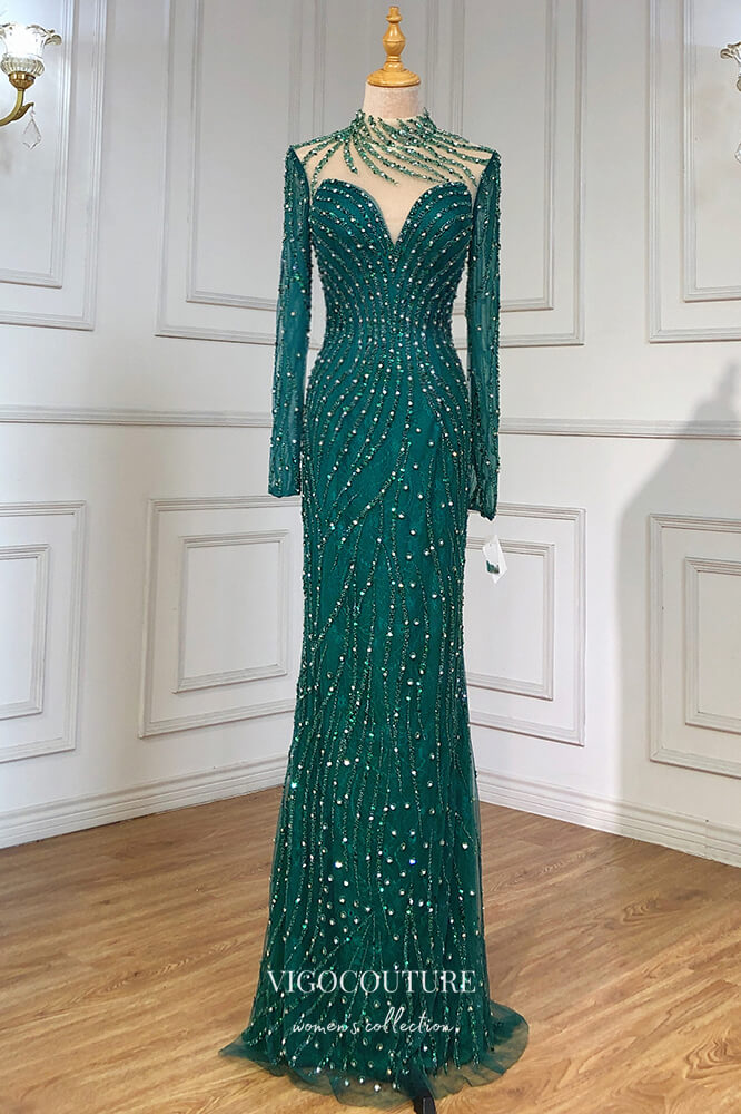 Prom Dress 2025 Beaded Mermaid Formal Dresses Long Sleeve High Neck Prom Dress 21619-unique elegant Prom Dresses-Green-US2-vigocouture