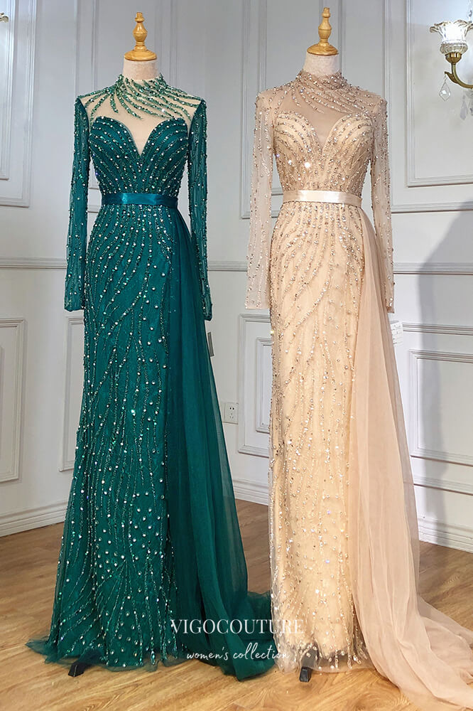 Prom Dress 2025 Beaded Mermaid Formal Dresses Long Sleeve High Neck Prom Dress 21619-unique elegant Prom Dresses-Green-US2-vigocouture