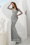 Prom Dress 2025 Beaded Mermaid Formal Dresses Long Sleeve Prom Dress 21628-unique elegant Prom Dresses-Silver-US2-vigocouture