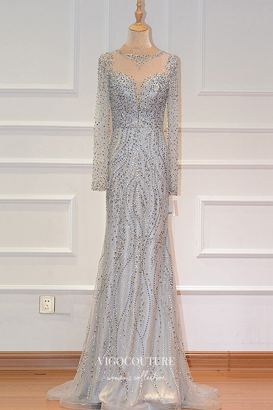 Prom Dress 2025 Beaded Mermaid Formal Dresses Long Sleeve Prom Dress 21628-unique elegant Prom Dresses-Silver-US2-vigocouture