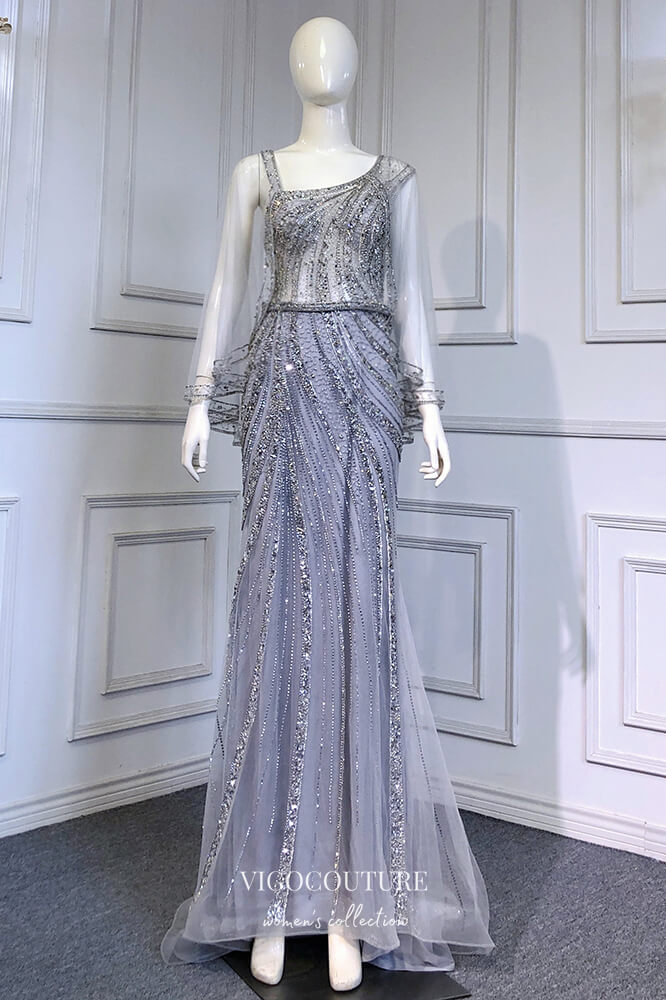 Prom Dress 2025 Beaded Mermaid Formal Dresses Long Sleeve Prom Dress 21632-unique elegant Prom Dresses-Silver-US2-vigocouture