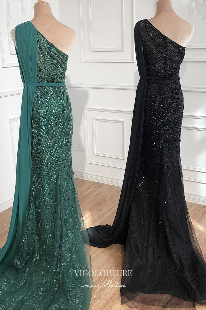 Prom Dress 2025 Beaded Mermaid Formal Dresses One Shoulder Prom Dress 21620-unique elegant Prom Dresses-Black-US2-vigocouture