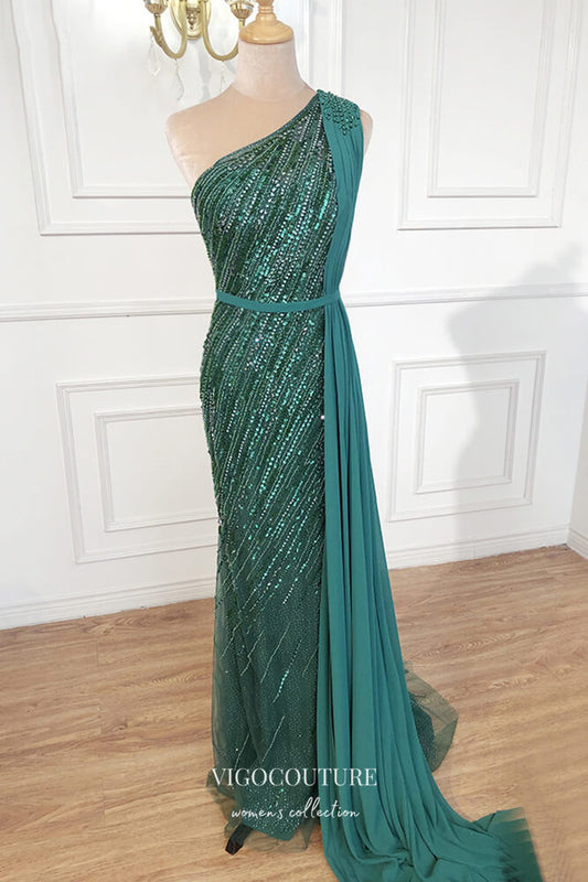 Prom Dress 2025 Beaded Mermaid Formal Dresses One Shoulder Prom Dress 21620-unique elegant Prom Dresses-Green-US2-vigocouture