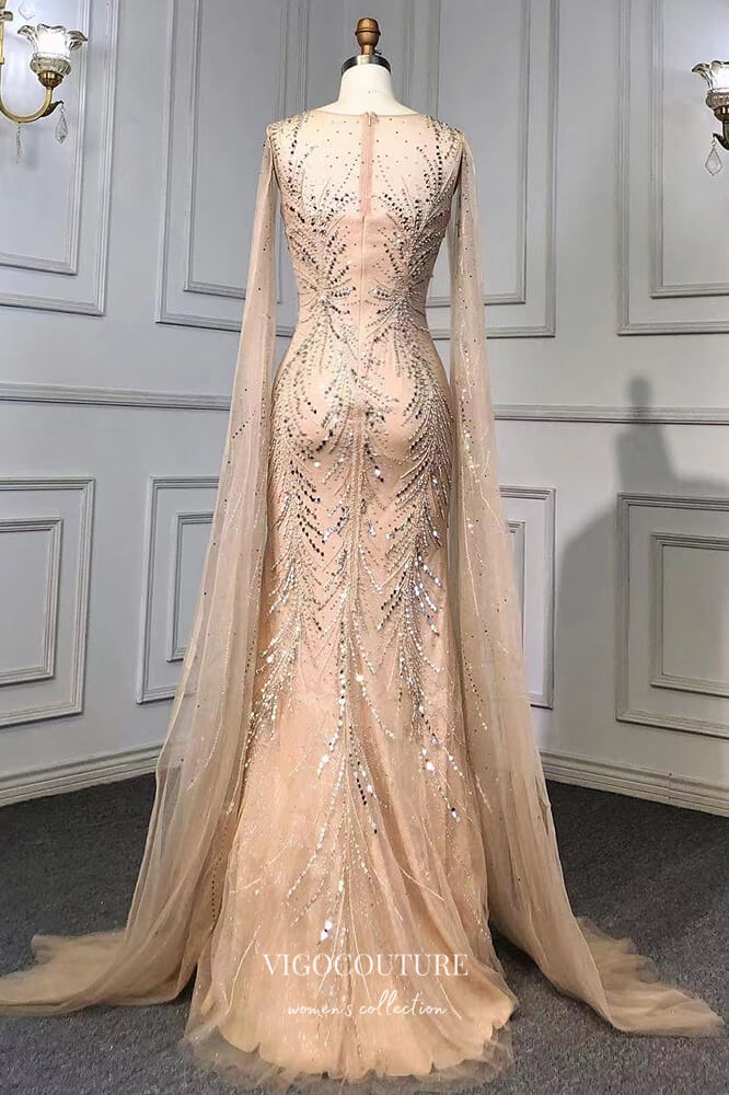 Prom Dress 2025 Beaded Mermaid Formal Dresses Removable Cape Sleeve Prom Dress 21629-unique elegant Prom Dresses-Champagne-US2-vigocouture