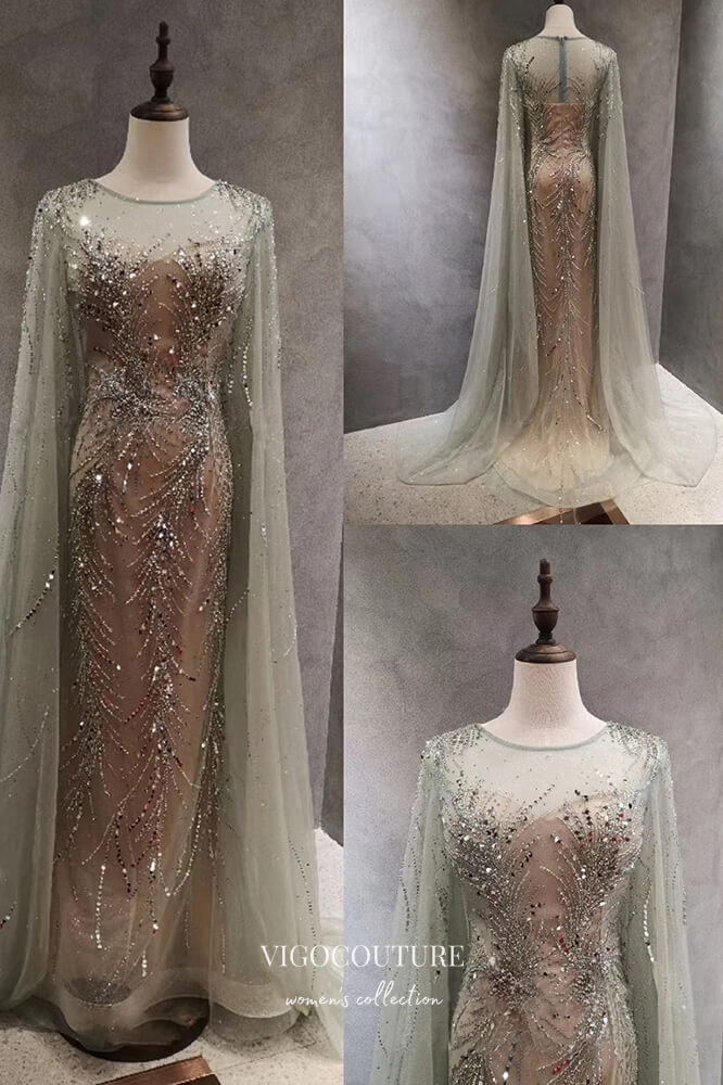 Prom Dress 2025 Beaded Mermaid Formal Dresses Removable Cape Sleeve Prom Dress 21629-unique elegant Prom Dresses-Champagne-US2-vigocouture