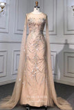 Prom Dress 2025 Beaded Mermaid Formal Dresses Removable Cape Sleeve Prom Dress 21629-unique elegant Prom Dresses-Champagne-US2-vigocouture