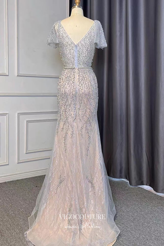 Beaded Mermaid Formal Dresses Short Sleeve V-Neck Prom Dress 21631 Silver / US2 Beaded Mermaid Formal Dresses Short Sleeve V-Neck Prom Dress 21631 Silver / US2