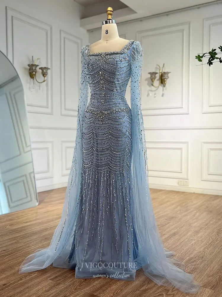 Beaded Mermaid Gown with Sheer Sleeves & Square Neckline - Style 25321 Beaded Mermaid Gown with Sheer Sleeves & Square Neckline - Style 25321