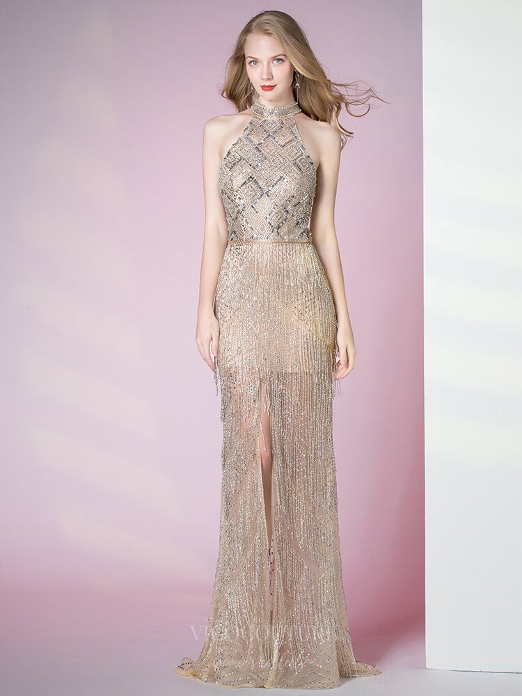 Prom Dress 2025 Beaded Mermaid Halter Neck Prom Dress 20788-unique elegant Prom Dresses-Champagne-US2-vigocouture