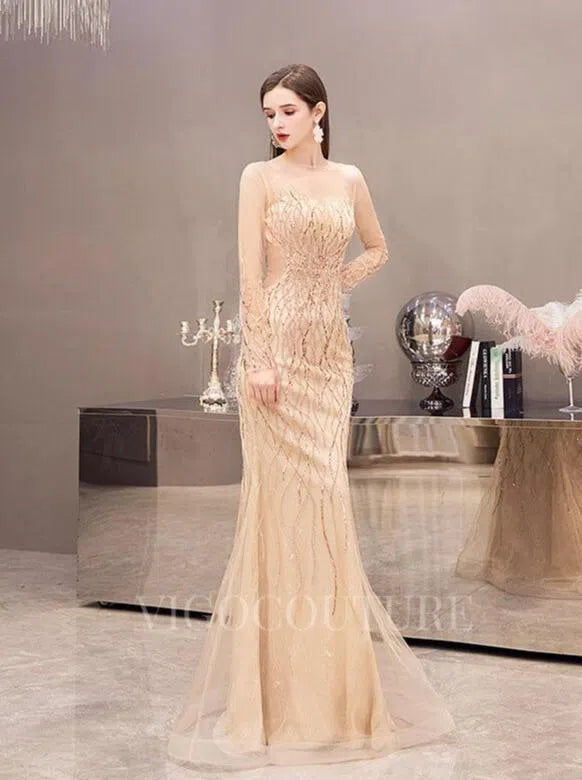 Prom Dress 2025 Beaded Mermaid Long Sleeve Prom Dresses 20084-unique elegant Prom Dresses-Champagne-US2-vigocouture