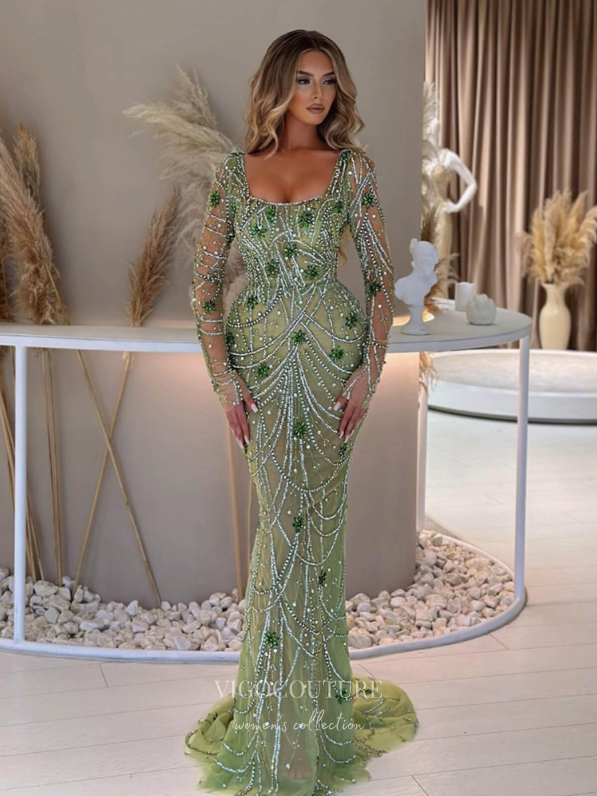 Prom Dress 2025 Beaded Mermaid Long Sleeve Prom Dresses Square Neck Pageant Dress 24522-unique elegant Prom Dresses-Green-US2-vigocouture