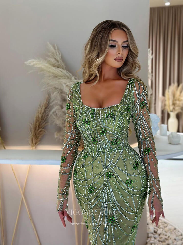 Prom Dress 2025 Beaded Mermaid Long Sleeve Prom Dresses Square Neck Pageant Dress 24522-unique elegant Prom Dresses-Green-US2-vigocouture