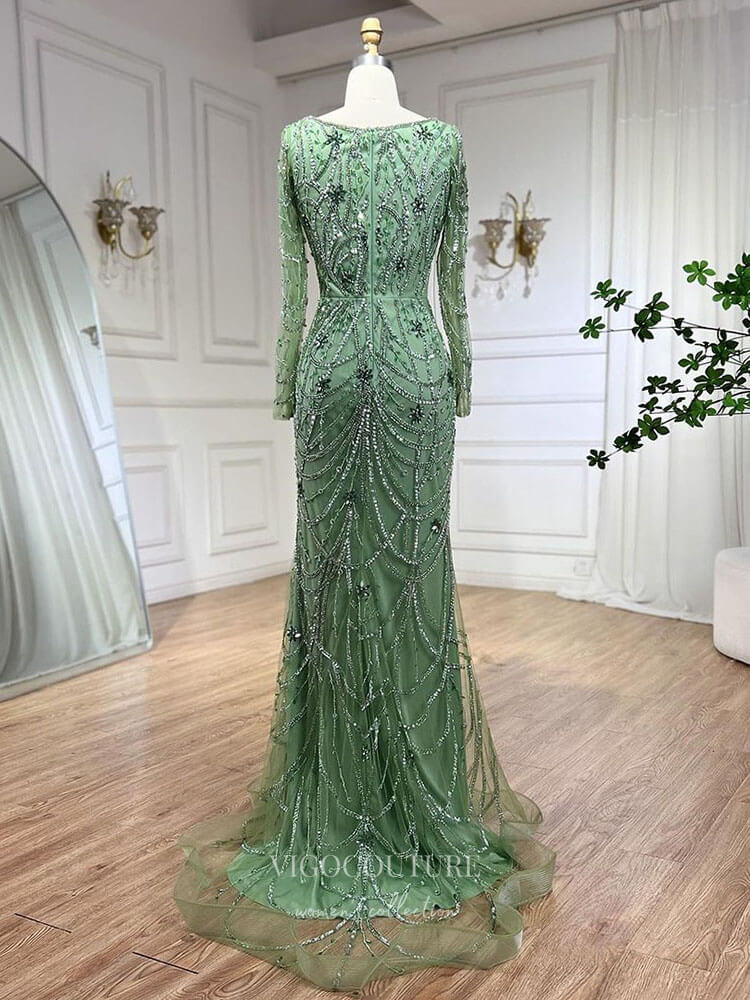 Prom Dress 2025 Beaded Mermaid Long Sleeve Prom Dresses Square Neck Pageant Dress 24522-unique elegant Prom Dresses-Green-US2-vigocouture