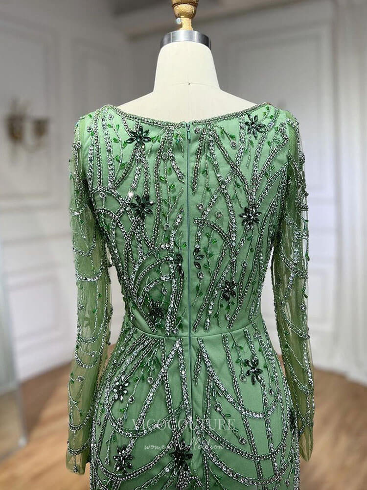 Prom Dress 2025 Beaded Mermaid Long Sleeve Prom Dresses Square Neck Pageant Dress 24522-unique elegant Prom Dresses-Green-US2-vigocouture