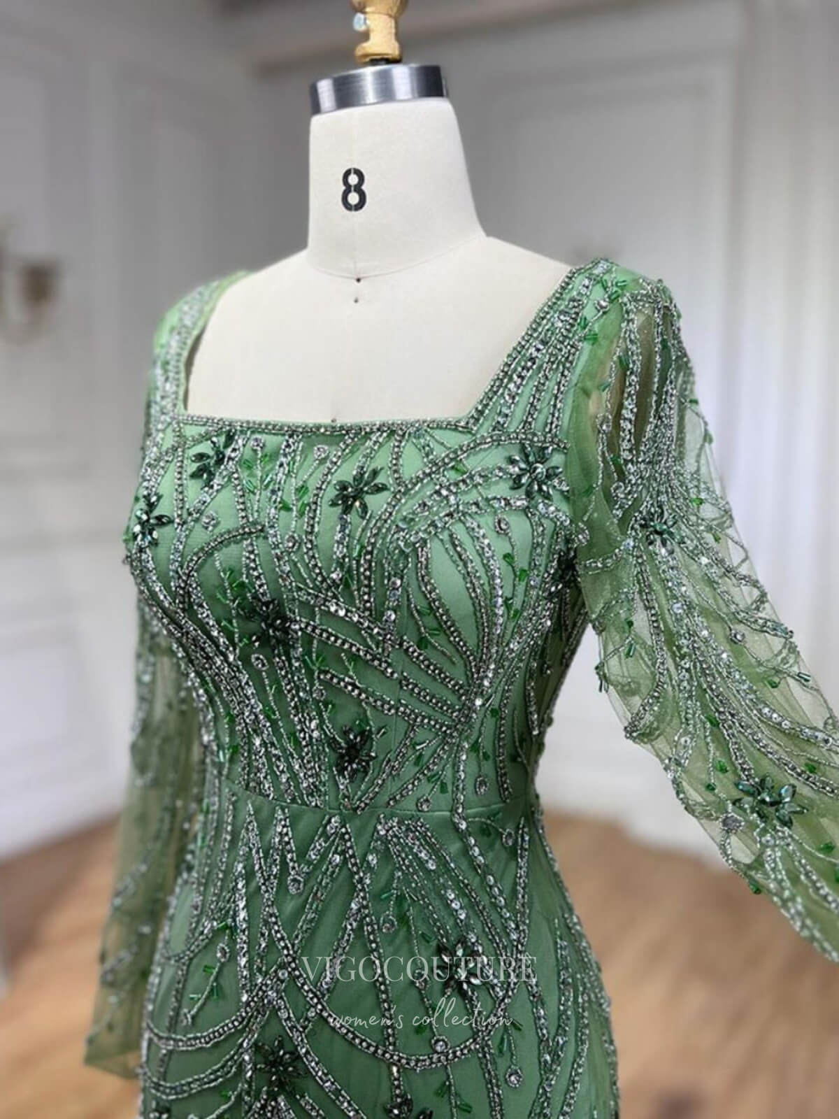 Prom Dress 2025 Beaded Mermaid Long Sleeve Prom Dresses Square Neck Pageant Dress 24522-unique elegant Prom Dresses-Green-US2-vigocouture