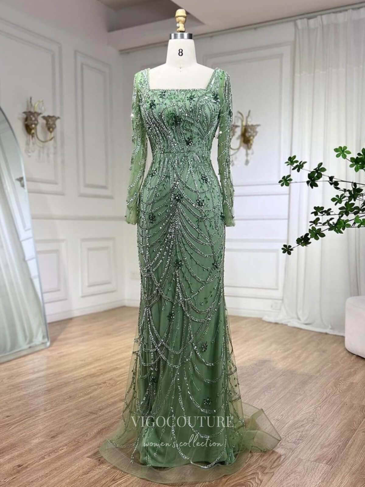 Prom Dress 2025 Beaded Mermaid Long Sleeve Prom Dresses Square Neck Pageant Dress 24522-unique elegant Prom Dresses-Green-US2-vigocouture