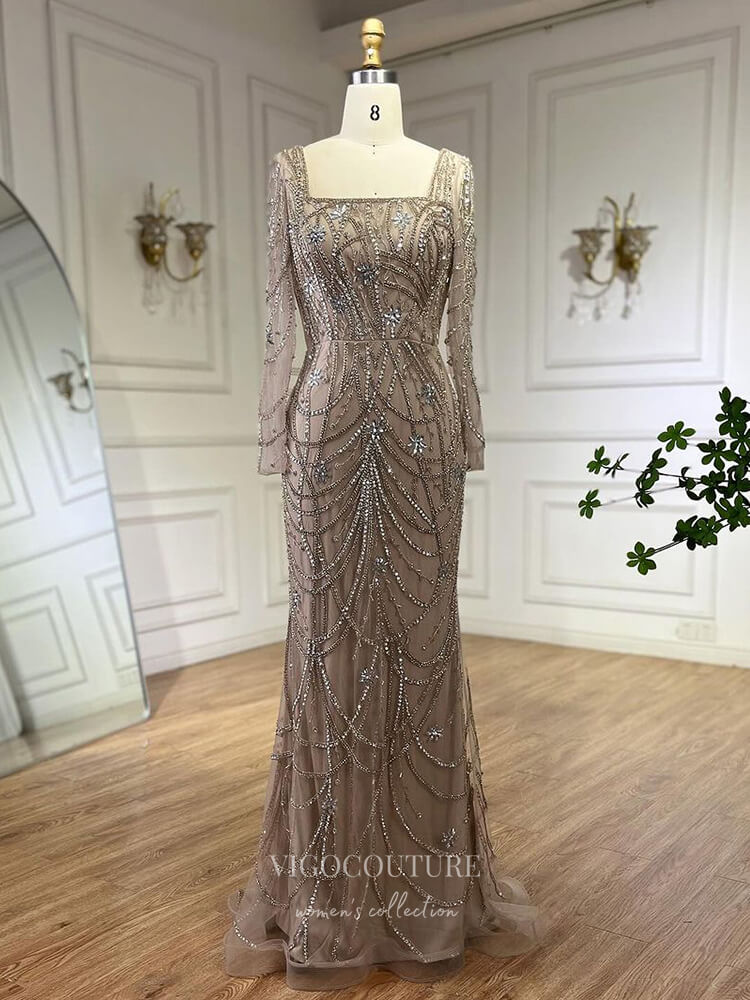 Prom Dress 2025 Beaded Mermaid Long Sleeve Prom Dresses Square Neck Pageant Dress 24522-unique elegant Prom Dresses-Khaki-US2-vigocouture