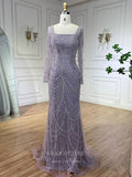 Prom Dress 2025 Beaded Mermaid Long Sleeve Prom Dresses Square Neck Pageant Dress 24522-unique elegant Prom Dresses-Lavender-US2-vigocouture