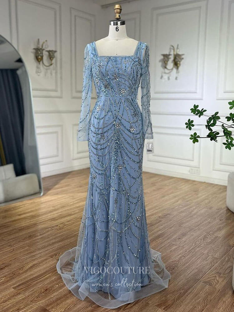 Prom Dress 2025 Beaded Mermaid Long Sleeve Prom Dresses Square Neck Pageant Dress 24522-unique elegant Prom Dresses-Light Blue-US2-vigocouture