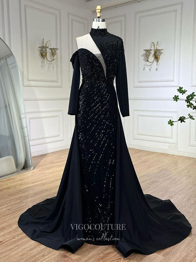 Beaded Mermaid Long Sleeve Prom Dresses with Overskirt High Neck Pagea vigocouture Beaded Mermaid Long Sleeve Prom Dresses with Overskirt High Neck Pagea vigocouture