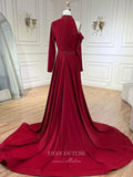 Prom Dress 2025 Beaded Mermaid Long Sleeve Prom Dresses with Overskirt High Neck Pageant Dress 24512-unique elegant Prom Dresses-Magenta-US2-vigocouture