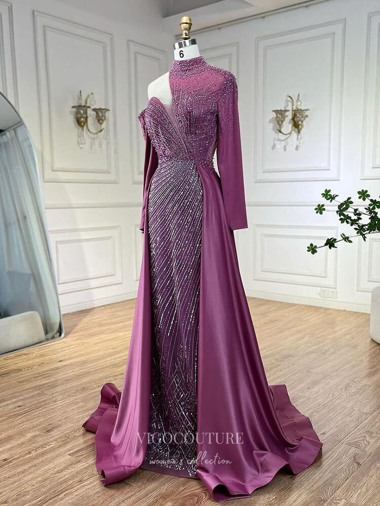 Beaded Mermaid Long Sleeve Prom Dresses with Overskirt High Neck Pageant Dress 24512 Red / US8 Beaded Mermaid Long Sleeve Prom Dresses with Overskirt High Neck Pageant Dress 24512 Red / US8