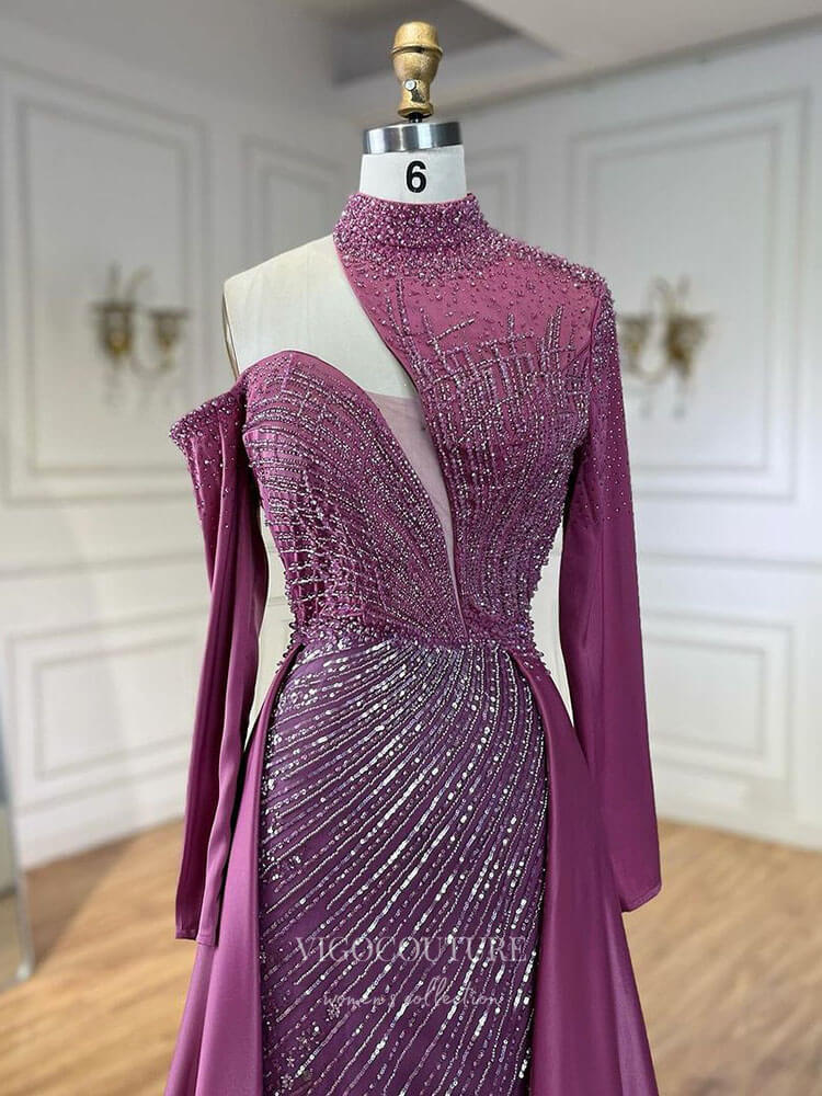 Prom Dress 2025 Beaded Mermaid Long Sleeve Prom Dresses with Overskirt High Neck Pageant Dress 24512-unique elegant Prom Dresses-Magenta-US2-vigocouture