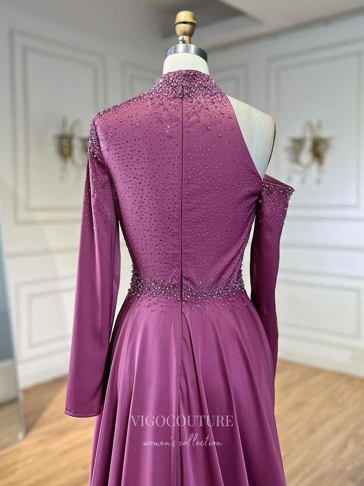 Prom Dress 2025 Beaded Mermaid Long Sleeve Prom Dresses with Overskirt High Neck Pageant Dress 24512-unique elegant Prom Dresses-Magenta-US2-vigocouture