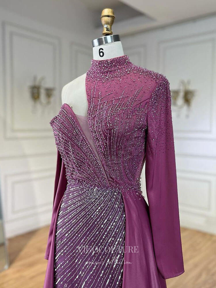 Prom Dress 2025 Beaded Mermaid Long Sleeve Prom Dresses with Overskirt High Neck Pageant Dress 24512-unique elegant Prom Dresses-Magenta-US2-vigocouture