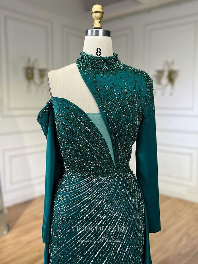 Beaded Mermaid Long Sleeve Prom Dresses with Overskirt High Neck Pagea vigocouture Beaded Mermaid Long Sleeve Prom Dresses with Overskirt High Neck Pagea vigocouture