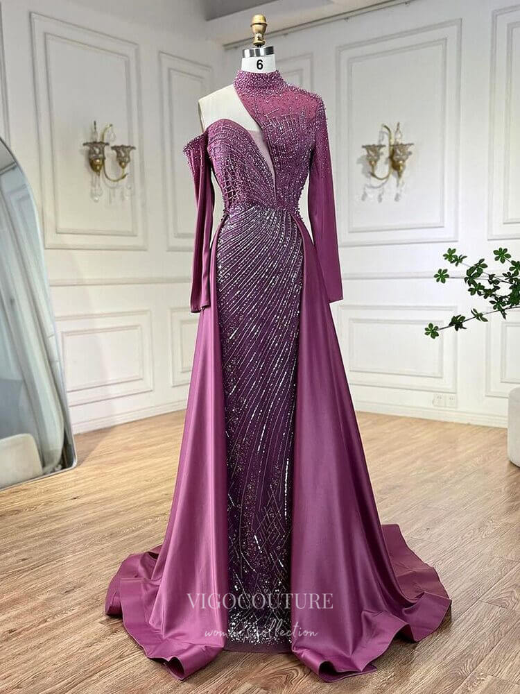 Prom Dress 2025 Beaded Mermaid Long Sleeve Prom Dresses with Overskirt High Neck Pageant Dress 24512-unique elegant Prom Dresses-Magenta-US2-vigocouture