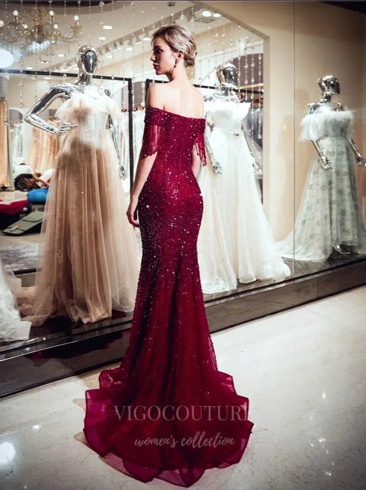 Prom Dress 2025 Beaded Mermaid Off the Shoulder Prom Dress 20297-unique elegant Prom Dresses-Burgundy-US2-vigocouture