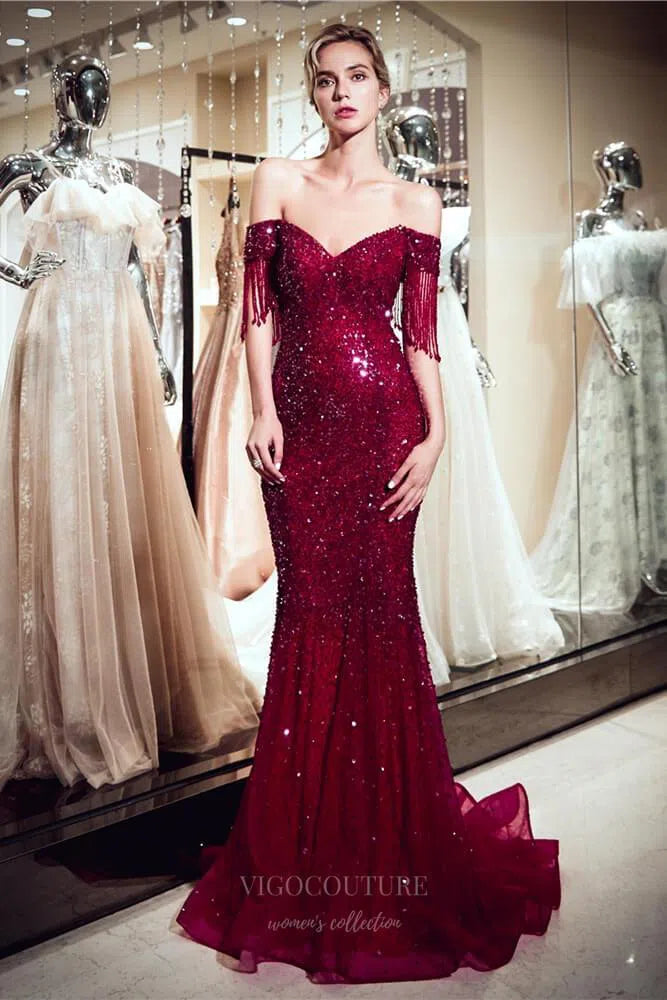 Prom Dress 2025 Beaded Mermaid Off the Shoulder Prom Dress 20297-unique elegant Prom Dresses-Burgundy-US2-vigocouture