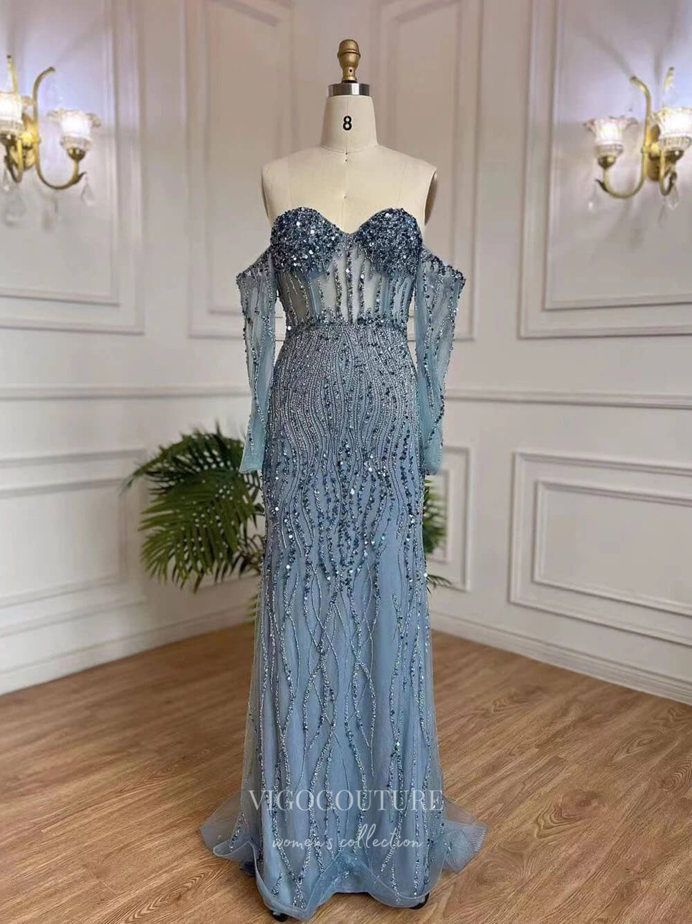 Prom Dress 2025 Beaded Mermaid Off the Shoulder Prom Dresses Sheer Long Sleeve Pageant Dress 24511-unique elegant Prom Dresses-Dusty Blue-US2-vigocouture