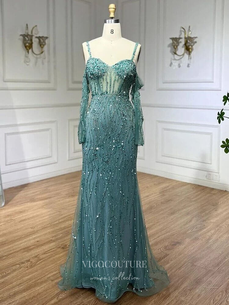 Prom Dress 2025 Beaded Mermaid Off the Shoulder Prom Dresses Sheer Long Sleeve Pageant Dress 24511-unique elegant Prom Dresses-Green-US2-vigocouture