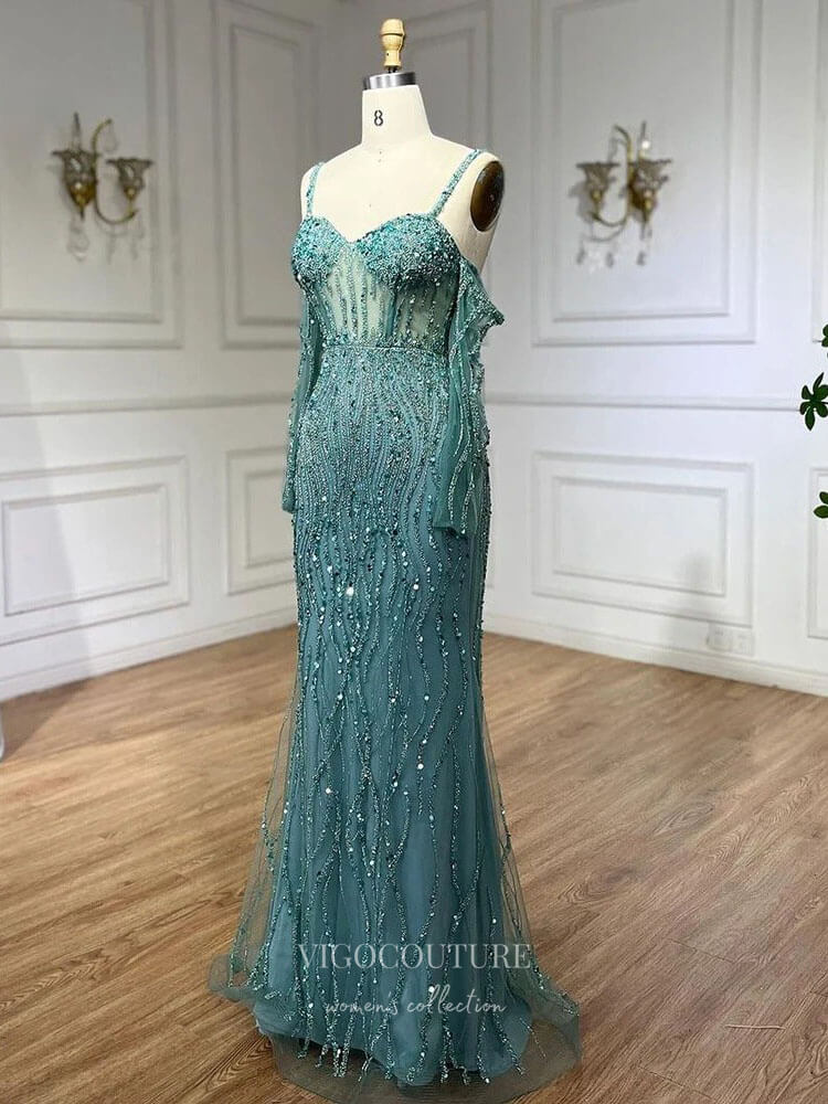 Prom Dress 2025 Beaded Mermaid Off the Shoulder Prom Dresses Sheer Long Sleeve Pageant Dress 24511-unique elegant Prom Dresses-Grey-US2-vigocouture