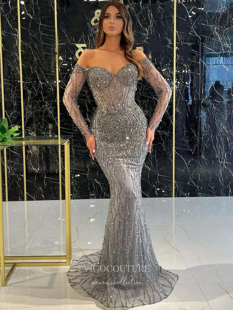 Prom Dress 2025 Beaded Mermaid Off the Shoulder Prom Dresses Sheer Long Sleeve Pageant Dress 24511-unique elegant Prom Dresses-Grey-US2-vigocouture