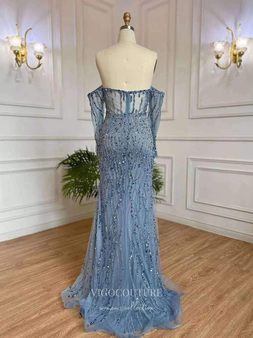 Prom Dress 2025 Beaded Mermaid Off the Shoulder Prom Dresses Sheer Long Sleeve Pageant Dress 24511-unique elegant Prom Dresses-Grey-US2-vigocouture