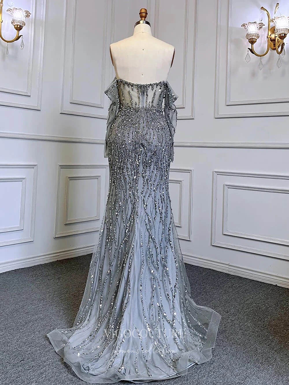 Prom Dress 2025 Beaded Mermaid Off the Shoulder Prom Dresses Sheer Long Sleeve Pageant Dress 24511-unique elegant Prom Dresses-Grey-US2-vigocouture