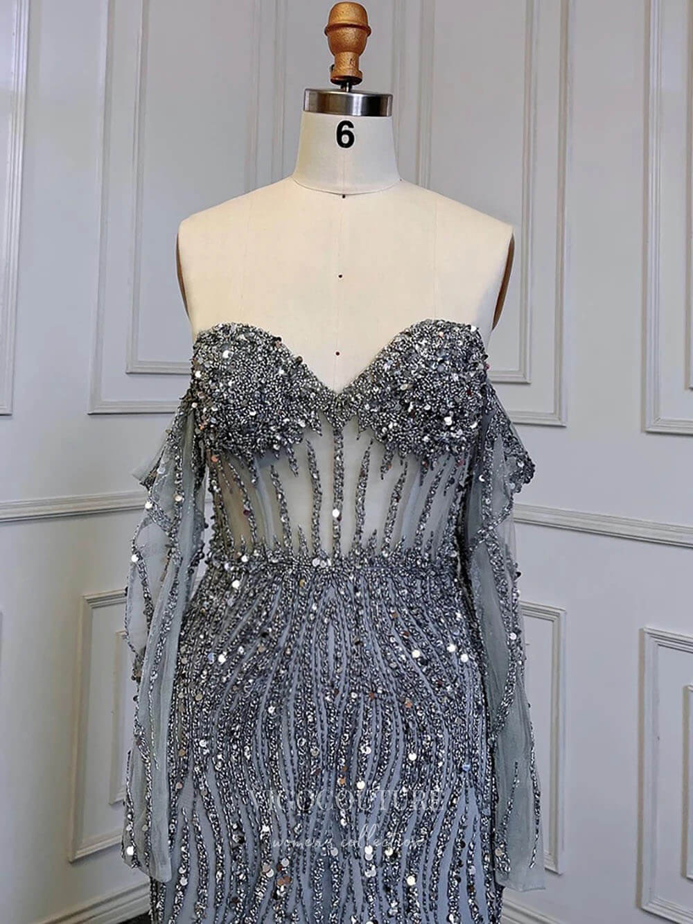 Prom Dress 2025 Beaded Mermaid Off the Shoulder Prom Dresses Sheer Long Sleeve Pageant Dress 24511-unique elegant Prom Dresses-Grey-US2-vigocouture