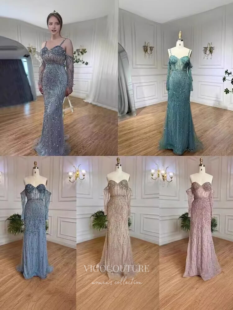 Prom Dress 2025 Beaded Mermaid Off the Shoulder Prom Dresses Sheer Long Sleeve Pageant Dress 24511-unique elegant Prom Dresses-Grey-US2-vigocouture