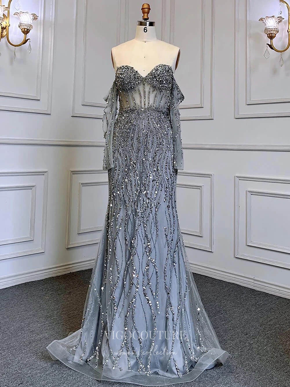 Prom Dress 2025 Beaded Mermaid Off the Shoulder Prom Dresses Sheer Long Sleeve Pageant Dress 24511-unique elegant Prom Dresses-Grey-US2-vigocouture