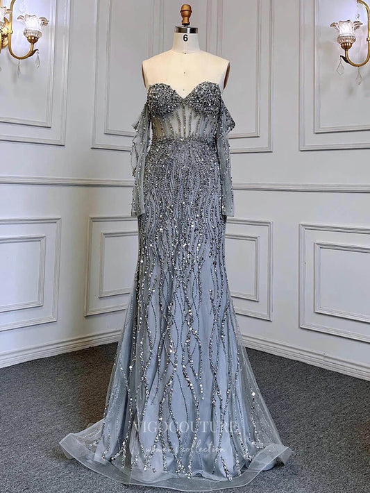 Prom Dress 2025 Beaded Mermaid Off the Shoulder Prom Dresses Sheer Long Sleeve Pageant Dress 24511-unique elegant Prom Dresses-Grey-US2-vigocouture