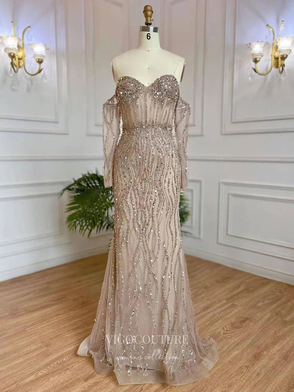 Prom Dress 2025 Beaded Mermaid Off the Shoulder Prom Dresses Sheer Long Sleeve Pageant Dress 24511-unique elegant Prom Dresses-Khaki-US2-vigocouture