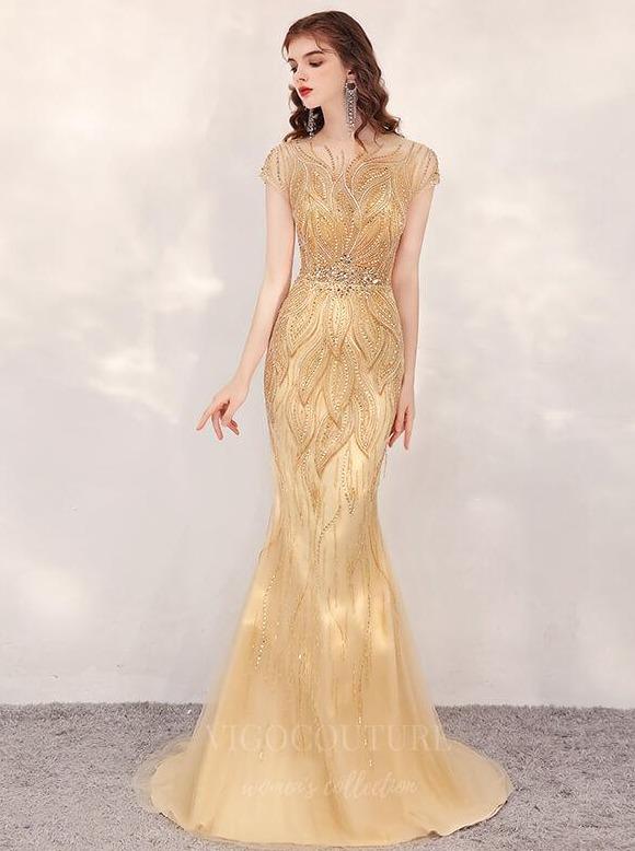 Prom Dress 2025 Beaded Mermaid Prom Dress 20133-unique elegant Prom Dresses-Gold-US2-vigocouture