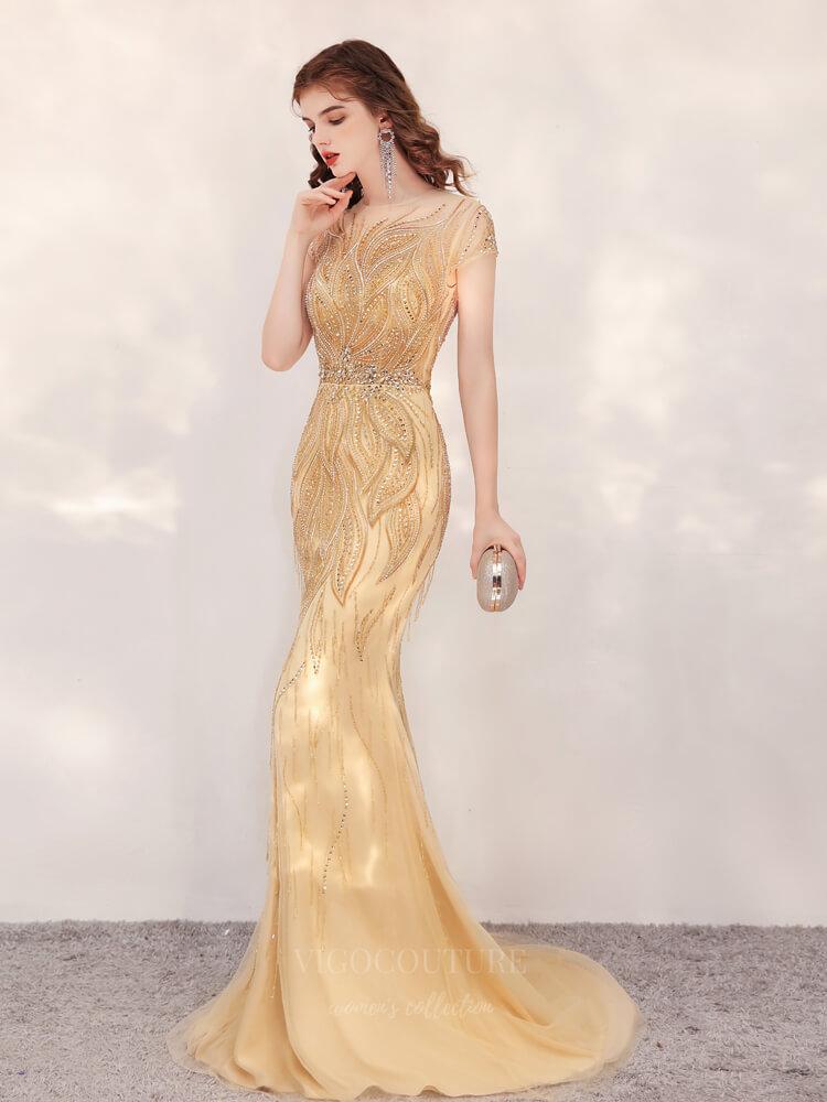 Prom Dress 2025 Beaded Mermaid Prom Dress 20133-unique elegant Prom Dresses-Gold-US2-vigocouture