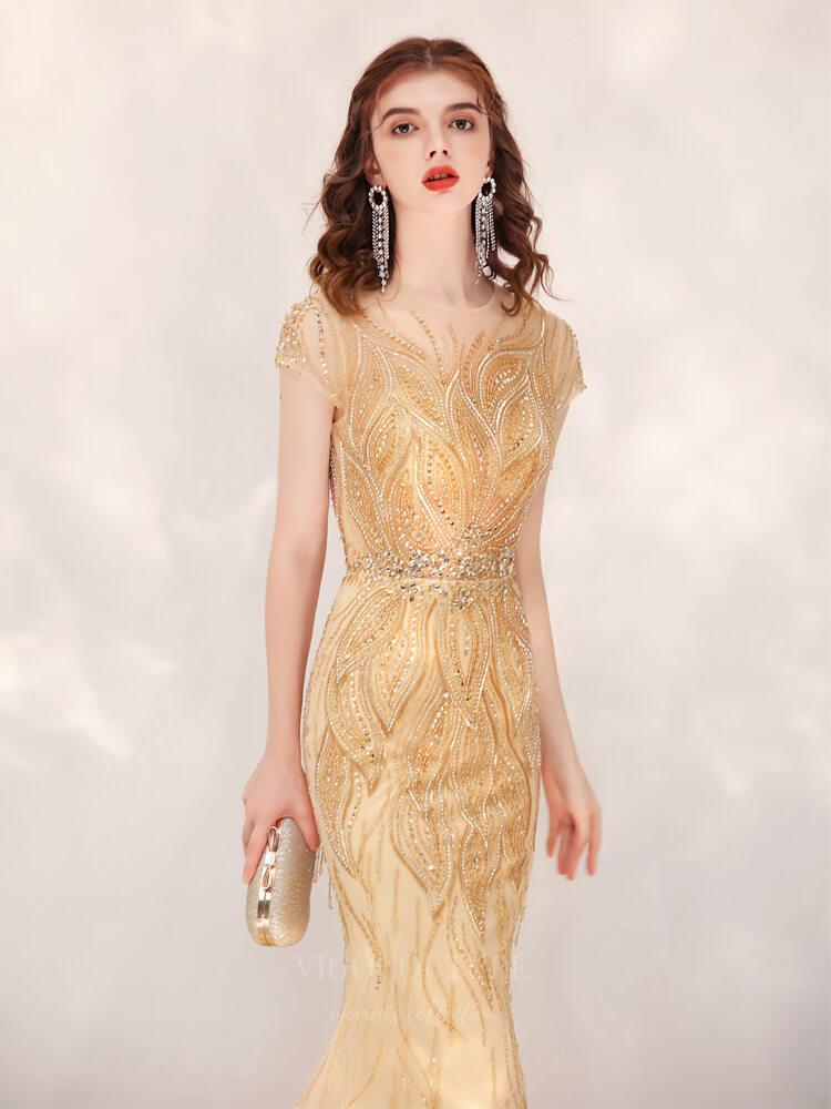 Prom Dress 2025 Beaded Mermaid Prom Dress 20133-unique elegant Prom Dresses-Gold-US2-vigocouture