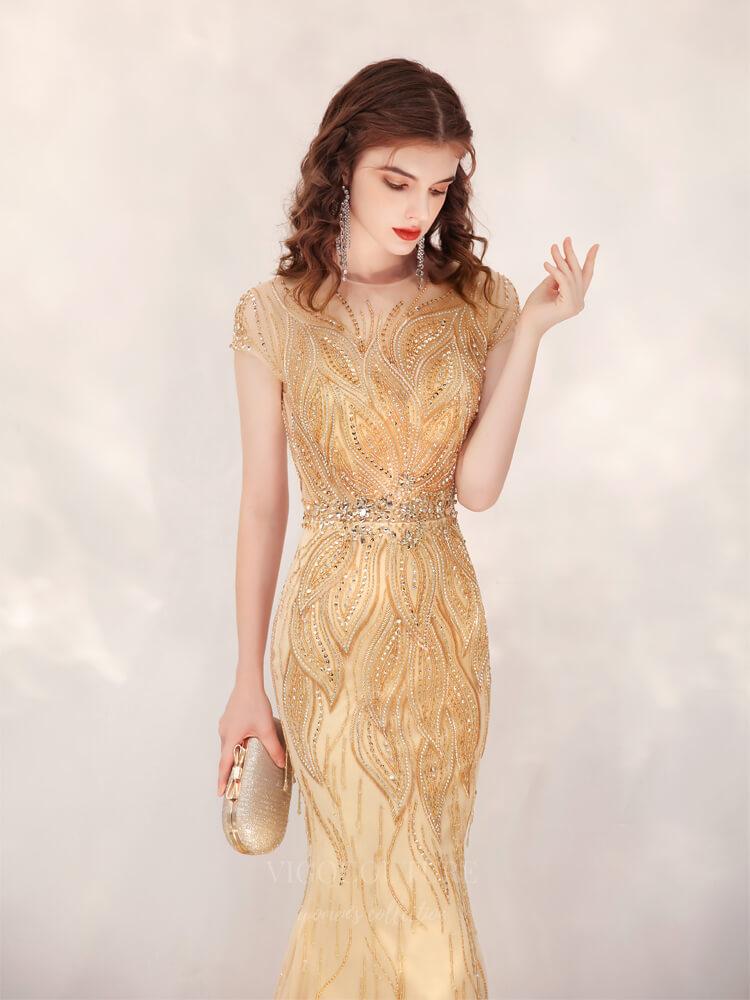 Prom Dress 2025 Beaded Mermaid Prom Dress 20133-unique elegant Prom Dresses-Gold-US2-vigocouture